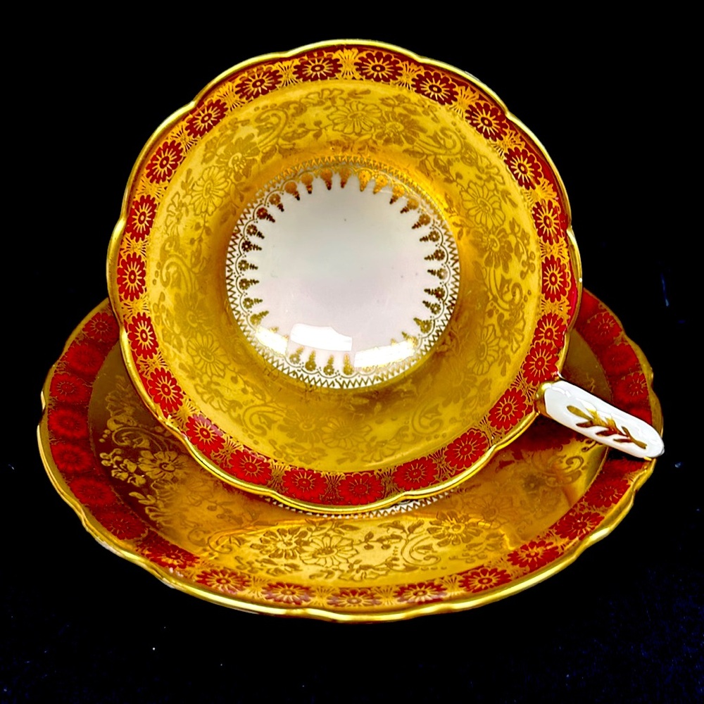 Vintage ROYAL STAFFORD burgundy and gold gilt bone china cup and saucer England